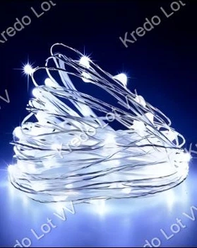 Светодиодная новогодняя USB гирлянда роса 100 LED 10м на медной проволоке от батареек Белый