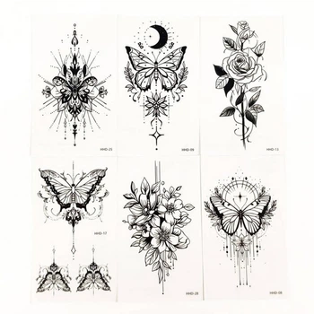Набор временных тату «Бабочки и цветы №3» black-tattoo-mini-set-f03 из 6 черных по 9,5 х 5,5 см