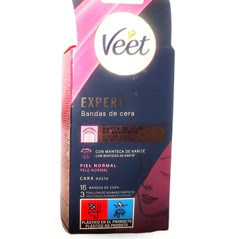 Полоски Veet для депиляции волос холодным воском на лице с маслом ши 16 полосок и 3 салфетки Veet Expert Cara