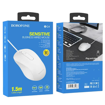 Проводная оптическая USB Мышка Borofone BG4 чувствительность 1000DPI длина кабеля: 1.5m White