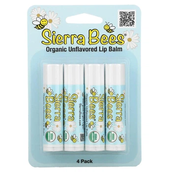Набір органічних бальзамів для губ, "Без запаху", Unflavored, Sierra Bees Organic Lip Balms, 4 в упаковці, 4,25 г кожний