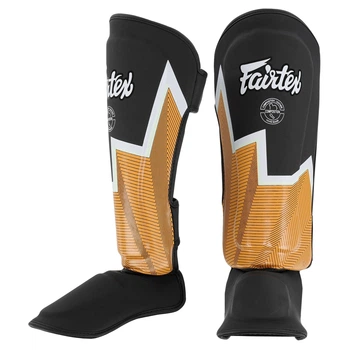 Защита голени и стопы Муай Тай, ММА, Кикбоксинг кожаный FAIRTEX BO-9486 (BO-9486_Черно-желтый_M)