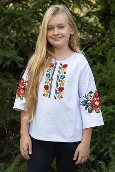 Блузка лляна для дівчинки Vaieo&V 140 з різнокольоровою вишивкою біла