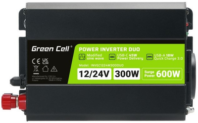 Przetwórnica Greencell 12 V/24 V - 230 V 300 W/600 W Modyfikowana sinusoida (INVGC1224M300DUO)