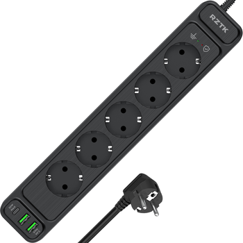 Сетевой фильтр-удлинитель RZTK Power Strip Pro 5 + 2 USB-A + USB-С (PD20W) Black