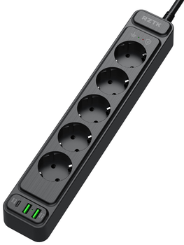 Сетевой фильтр-удлинитель RZTK Power Strip Pro 5 + 2 USB-A + USB-С (PD20W) Black 