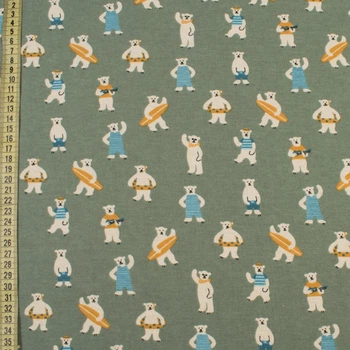 Коттон с ворсом оливковый, белые медведи на пляже, ш.150 (12069.010)