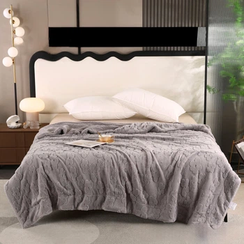 Двухслойный плед на овчине Colorful Home узор цветок Серый евро 200х220