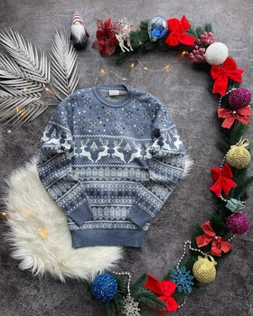 Женский новогодний свитер с оленями "Deer" Синий, размер XL
