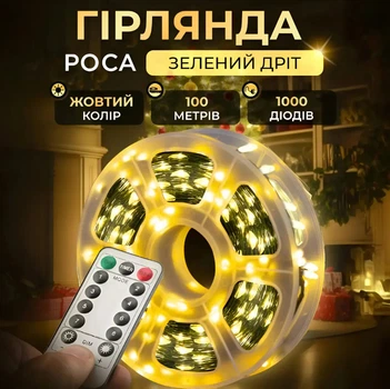 Гірлянда роса на котушці 100 м (1000 л) на USB з пультом та 8 режимами зелений провід колір теплий (24002)