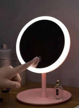 Настільне дзеркало для макіяжу з LED підсвічуванням від акумулятора (3 режими свічення) Рожеве