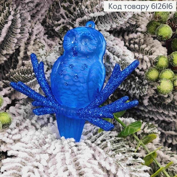 Фигурка СОВА, СИНЯЯ, матовая, 8,5*9см, декорированная блеском, новогоднее украшение, пластик, игрушка на елку,