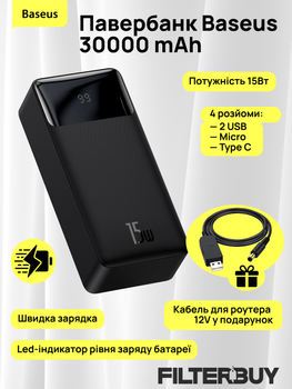 Павербанк + кабель для роутера Baseus Digital Display 30000mAh 15W Black зовнішній акумулятор чорний