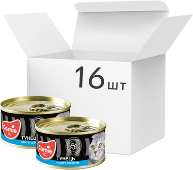 Упаковка влажного корма для взрослых кошек Carnie паштет мясной с тунцом 16 шт по 100 г (4820255190037-16)