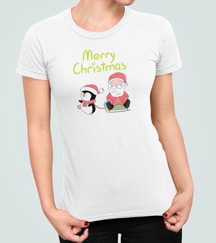 Женская Новогодняя футболка Stedman с принтом Merry Christmas пингвин и Cанта Белый XL