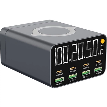Многопортовое зарядное устройство 9в1 Digital Lion CS-M1, док-станция для зарядки на 4 Type-C + 4 USB-A + беспроводная панель, 120W