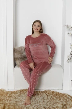 Домашняя женская пижама-костюм из велюра Sunshine 4XL горошек на темной пудре PJ4230-2