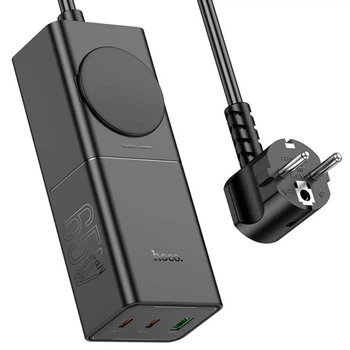 Мережевий подовжувач фільтр Hoco NS4 4000W EU/GER штекер 2xUSB 1xType-C PD65W QC 3.0 швидке заряджання чорний