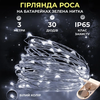 Светодиодная гирлянда Роса 3 метра на батарейках 30 led нить на зеленом проводе белая 30L3MGW