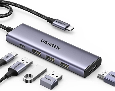 Багатопортовий адаптер-концентратор UGREEN USB HUB C 5 в 1 HDMI, 100 W Power Delivery, 3 USB-A 3.0 Grey