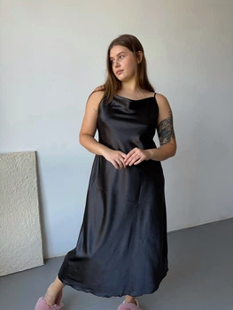 Нічна сорочка довга шовк plus size XL Чорна