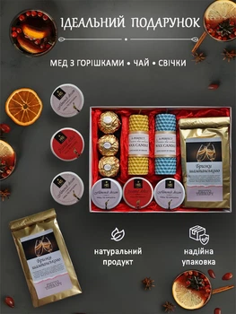 Подарунок на 8 Березня День народження Корпоративний з свічками цукерками Ferrero медом та чаєм Бризки шампанського