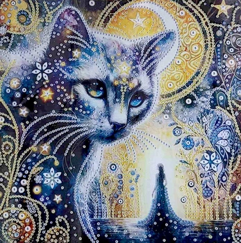 Алмазная мозаика частичная блестящими стразами Кошка и звездная ночь АВ-091 (без подрамника)