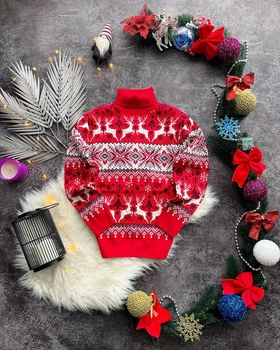 Свитер с оленями для мальчика "Baby ornament" Красный, под шею (7-8 лет, 122-128 см)