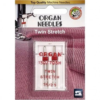 Иглы швейные двойные для трикотажа ORGAN TWIN STRETCH №75/2,5 для бытовых швейных машин блистерная упаковка 2 штуки (7013)