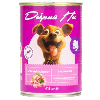 Корм Добрий Пес, д/дорослих собак паштет з індичкою, 415 гр. ж/б (8шт в уп)