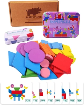 Деревянная мозаика для детей Монтессори Shapes Puzzle Головоломка танграм (60 карточек и 34 геометрических фигуры)