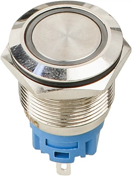 Кнопка металлическая плоская 1NO+1NC 19мм c подсветкой зеленый LED 12V [A0140010252] TYJ 19-271 АСКО