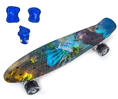 Набор СкейтБорд Penny Board. DINO + защита на колени, локти и ладони. Колеса светятся при катании!