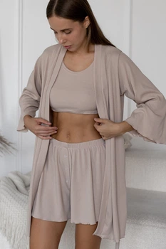 Комплект жіночий трійка халат топ шорти Scarlet Collection L-XL бежевий