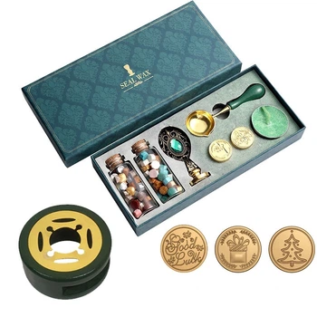 Набор подарочный для сургучной печати Seal Wax 8 предметов с ручкой с декоративным зеленым камнем (8666)