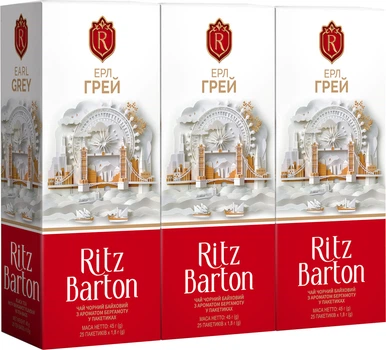 Упаковка чаю чорного Ritz Barton Earl Grey Байховий 25 пакетиків х 1.8 г x 3 пачки (4820279611228)