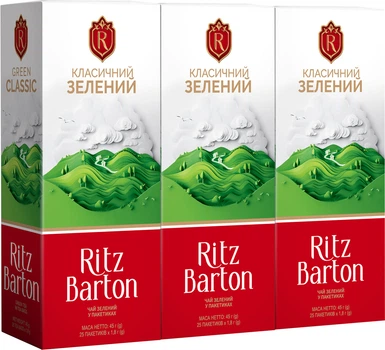 Упаковка чая зеленого Ritz Barton Green Classic Байховый 25 пакетиков х 1.8 г x 3 пачки (4820279611280)