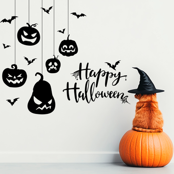 Наклейки на стіну Happy Pocket для Хелловіна Гарбузи кажани Happy Halloween Чорний Матовий Набір S