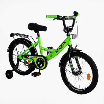 Детский двухколёсный велосипед CORSO MAXIS CL-18123 18" дюймов, стальная рама, съемные страховочные колеса, дисковые тормоза, Зеленый