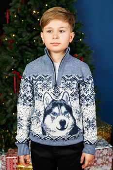 Свитер для мальчика подростка 7-13 лет FIVE теплый с хомутом на молнии , Джинс, 140