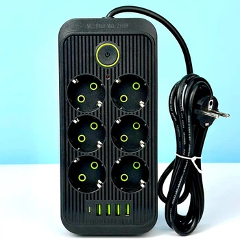 Удлинитель сетевой переноска 6м на 6 розеток + 4USB, 1Type-C UA Power F06U Черный