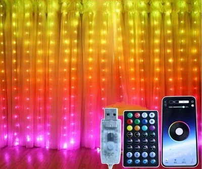 Умная Smart-штора LED гирлянда-штора 3х2 м Подключение через приложение на телефоне, управление пультом и Bluetooth питание USB
