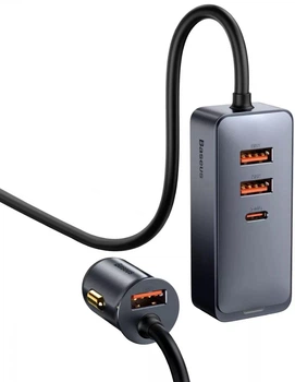 Автомобильное зарядное устройство Baseus Share Together 120W 3USB Type-C Fast Charging PPS PD3.0 QC3.0 с выносным зарядным блоком 1.5 м для задних пассажиров Gray