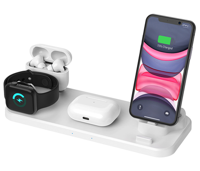Беспроводная зарядная док-станция 6в1 D6 Wireless Charger GTM универсальна для iPhone, Android, Apple Watch, ApplePods, AirPods, Samsung и всех телефонов, наушников, смарт-часов с функцией беспроводной зарядки Qi