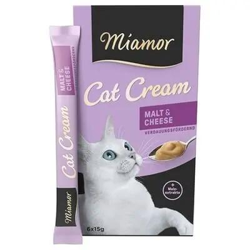 Лакомство для котов Miamor Cat Cream Malt & Cheese - Cream Мальт-паста-крем з сиром для выведения комков шерсти 6 стиков х 15 г (4000158743077)