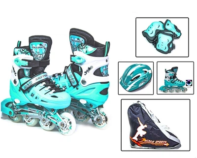 Детские раздвижные ролики 29-33 с комплектом защиты и шлемом Scale Sports Mint с подсветкой колеса