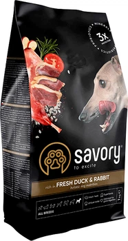 Сухий корм для собак всіх порід Savory зі свіжим м'ясом качки та кроликом