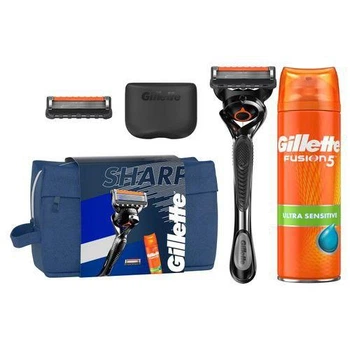 Мужской подарочный набор для бритья Gillette Sharp (Бритвенный станок Fusion 5 ProGlide FlexBall + 2 сменных картриджа + Гель для бритья Ultra Sensitive 200 мл + фирменный дорожный кейс + фирменная косметичка)