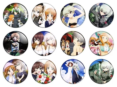 Значки аниме Треос "Girls und Panzer" (Девушки и танки) - набор 12 шт. (Арт. 135477)
