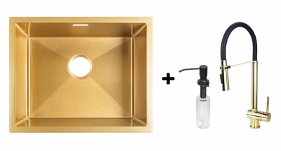 Комплект Gunter&Hauer: Кухонна мийка Ruwer 5522 Gold + Змішувач EDEL Gold + Дозатор SOAP DISPENSER Black